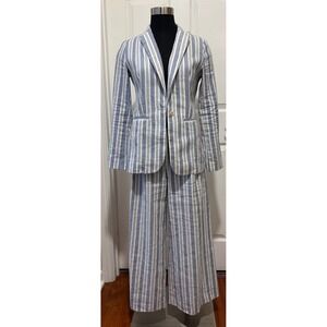 Vince Camuto Woman 2 Piece Blue White Striped Linen Blend Pant Suit Blazer Sz 2